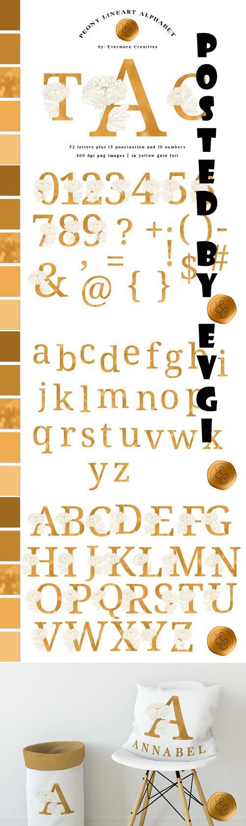 Line Art Peony Alphabet in Gold Foil - 6090219