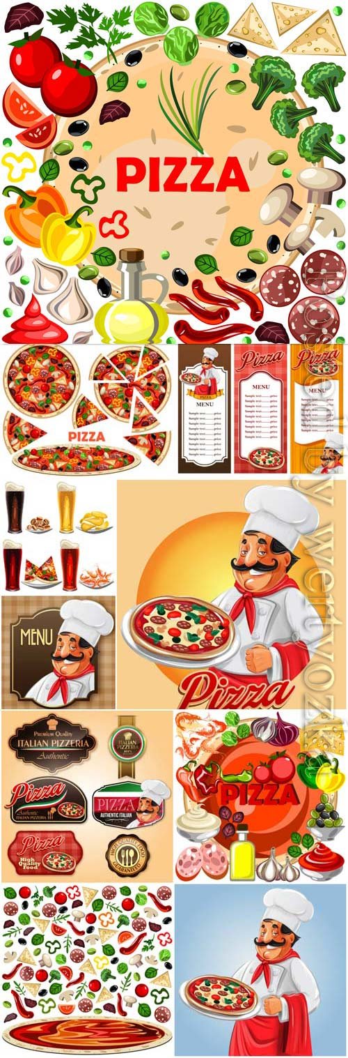 Promotional pizza labels and posters in vector