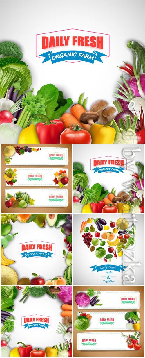 Backgrounds and banners with fresh vegetables and fruits in vector