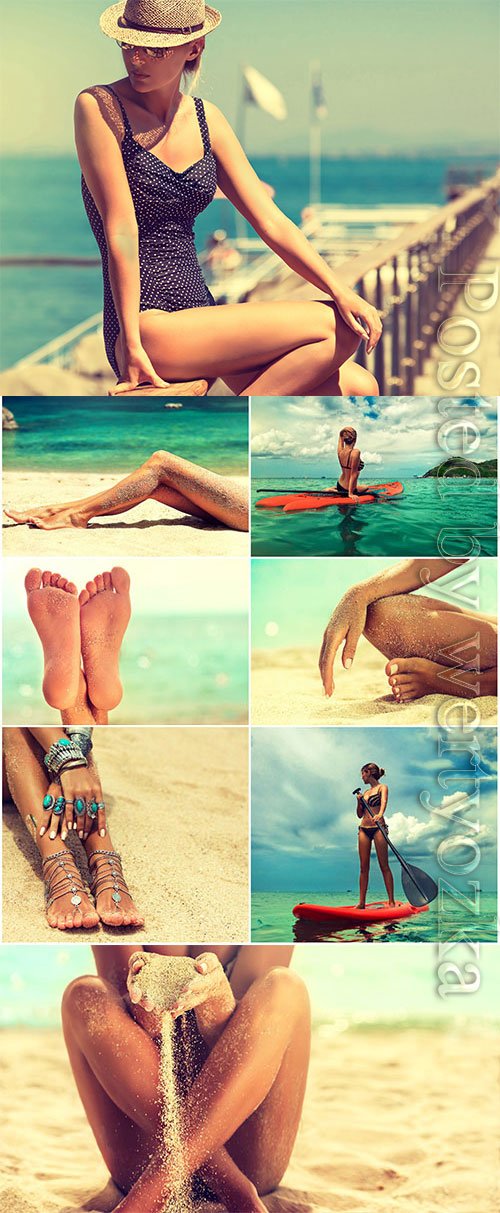 Girl on the sand by the sea stock photo