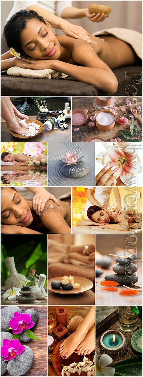 Spa composition and women on massage stock photo