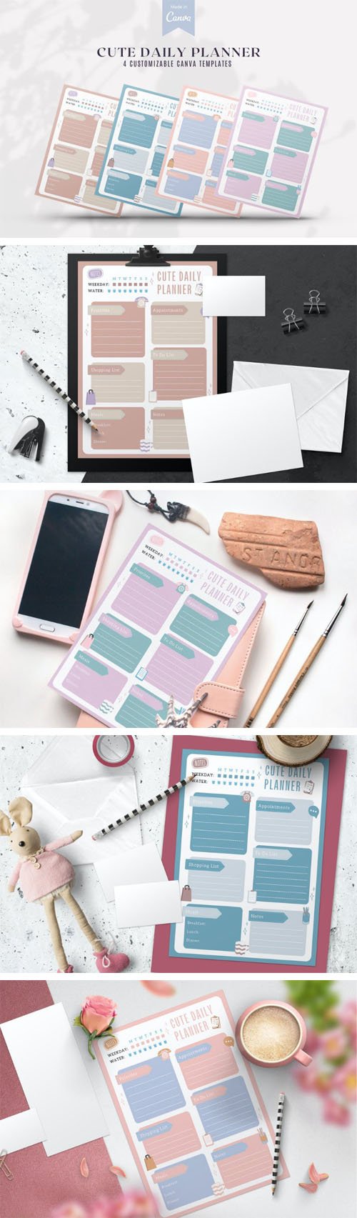 Cute Daily Planner - 4 Customizable Canva PDF Templates
