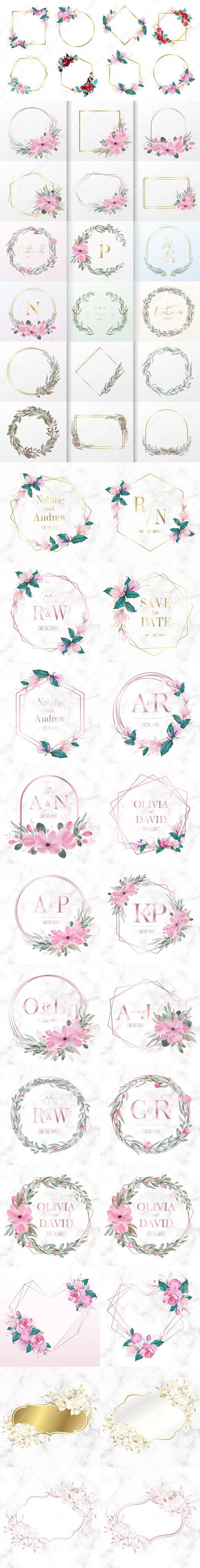 Watercolor Floral Frames for Wedding Monogram Vector Collection - 25 EPS