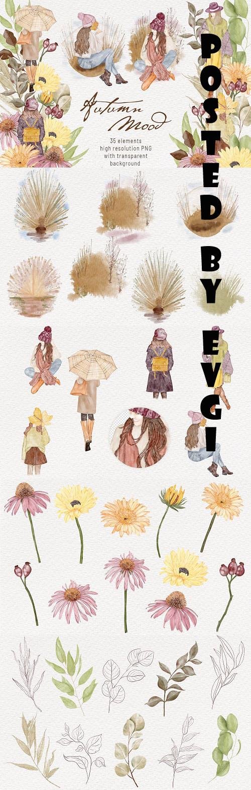 Autumn Girls Watercolor Clipart Boho Autumn Mood - 1485040