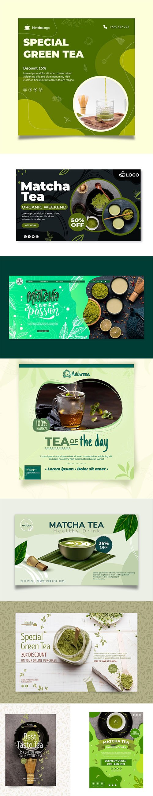 Matcha tea poster template set