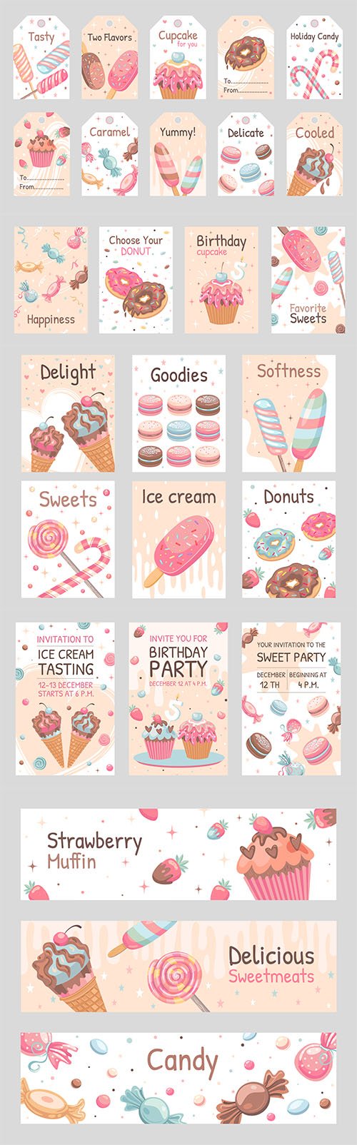 Sweets posters set of candies, donuts, ice cream, cupcake illustrations