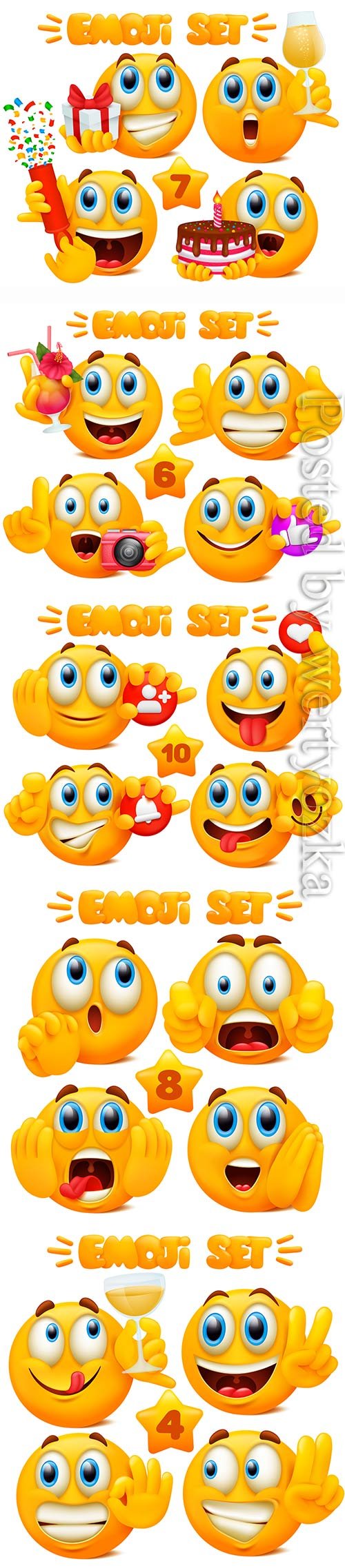 Yellow emoji cartoon characters in glossy 3d