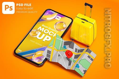 Phone Mockup Yellow Suitcase and Red Pin Map 3D RVAAGFU PSD