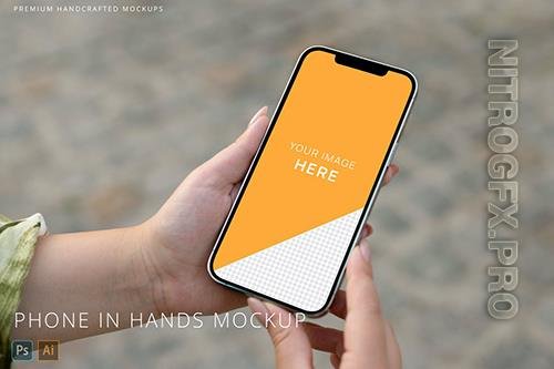 iPhone 12 Pro Max in Woman Hands on Street Mockup 6PWRURV PSD