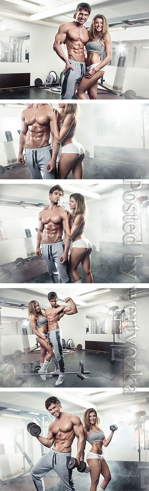 Young athletic man and girl in gym stock photo