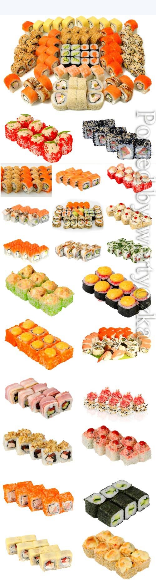 Assortment of sushi on white background stock photo