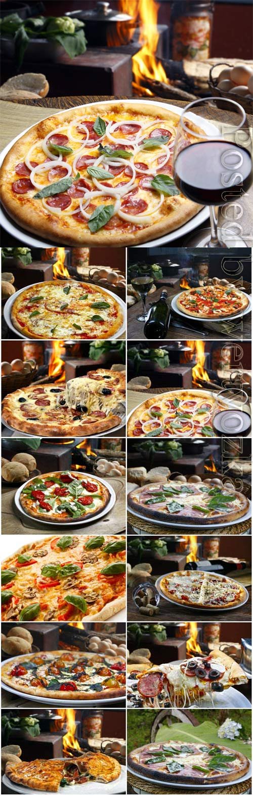 Delicious pizza and glass with wine stock photo