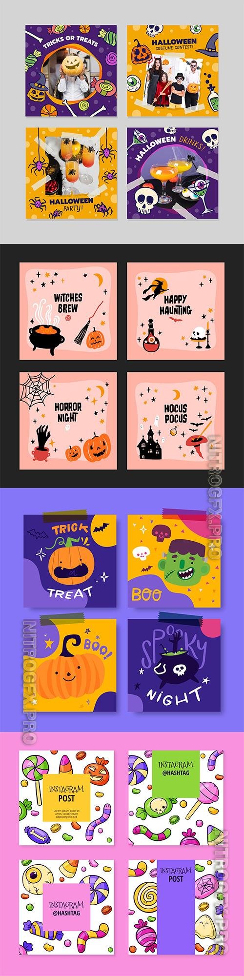 Hand-drawn Flat Halloween Instagram Posts Collection Vol 2