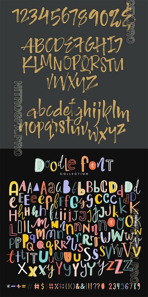 Alphabets punctuations numbers doodle typography set