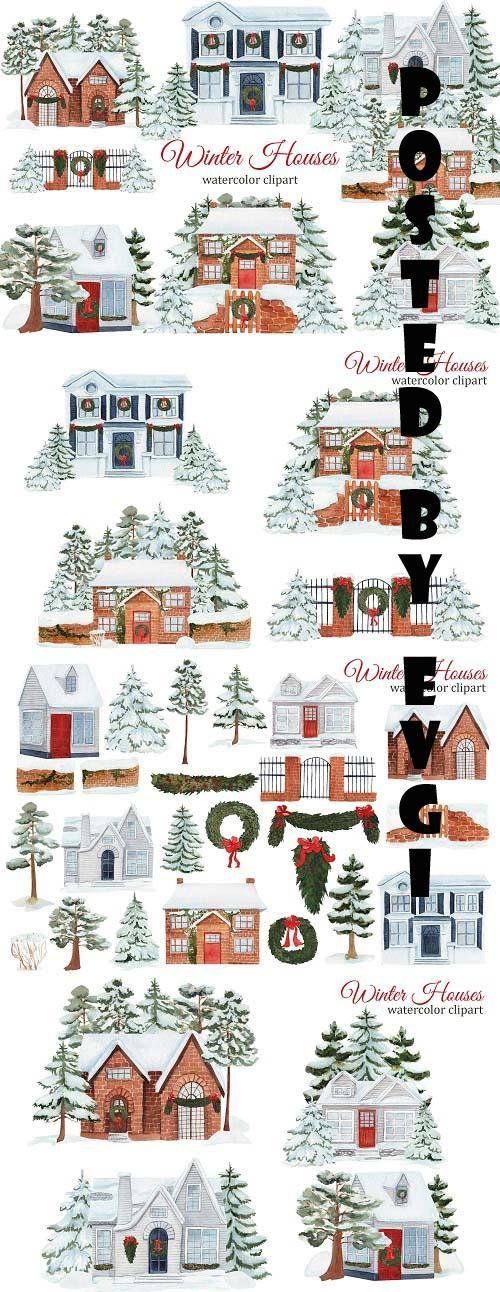 Watercolor Winter House Clipart - 1609800