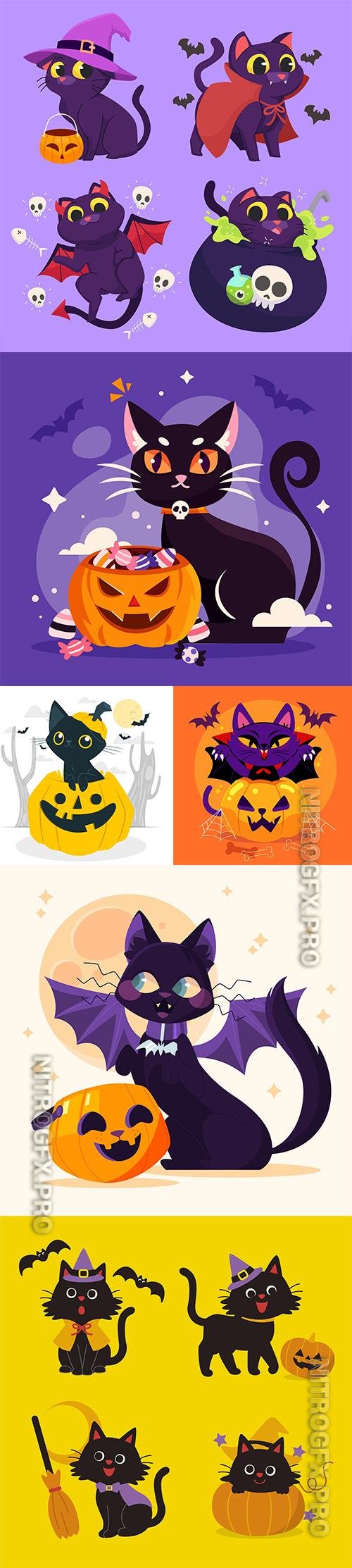 Hand-drawn Flat Halloween Cats Illustrations Vol 2