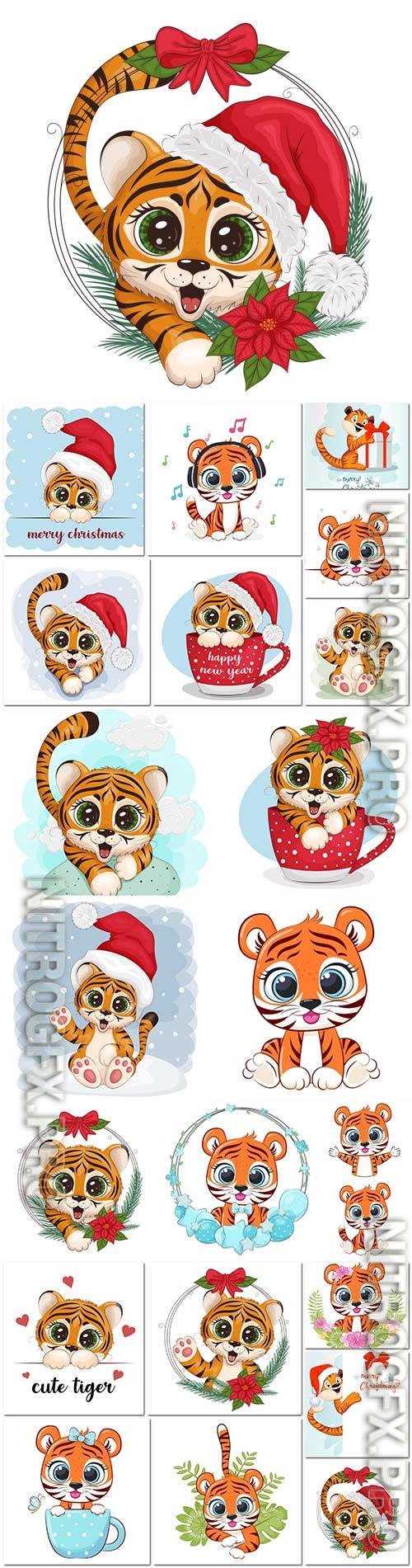 Cute cartoon tiger, christmas, new year card 2022 vector illustration