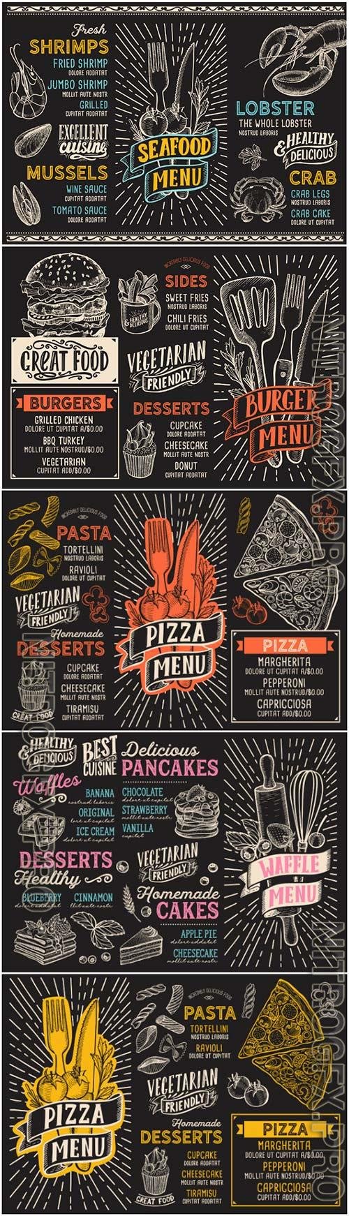 Pizza, desserts and seafood, menu in vintage style in vector