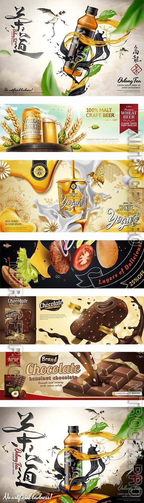 Food advertising posters with drinks and food in vector