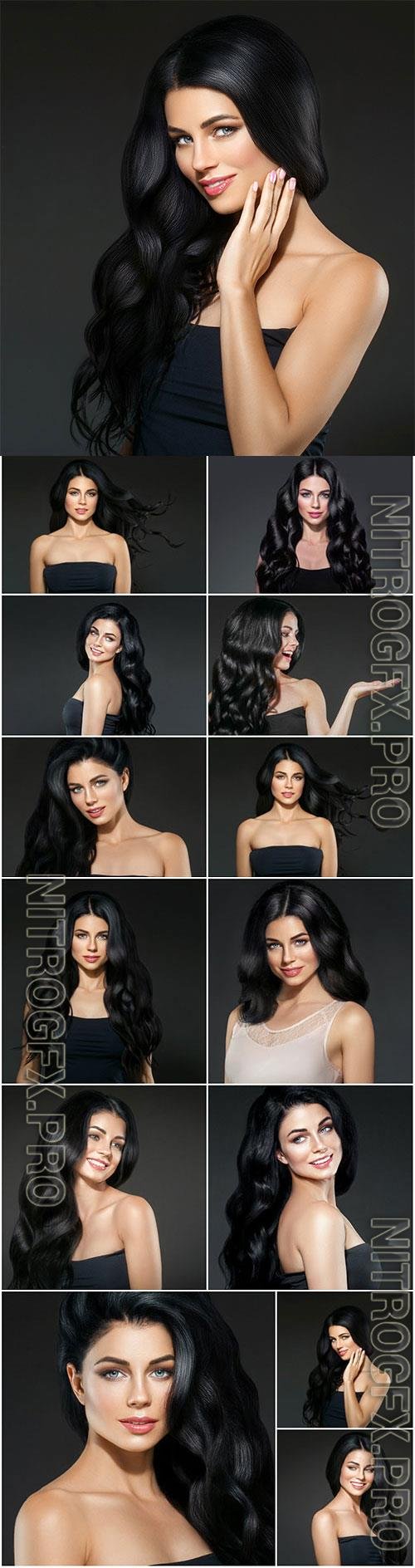 Luxury girl with black long hair stock photo