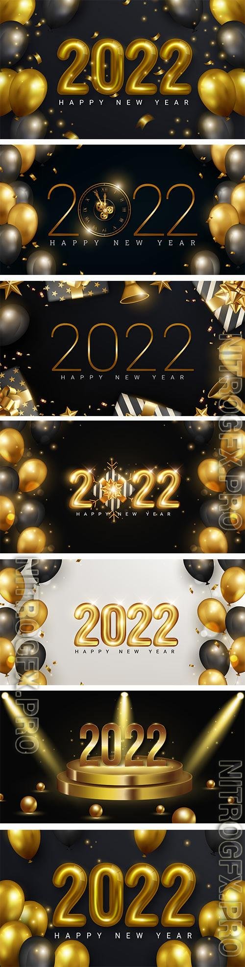 2022 number made by sparkle lights with golden balloons and stars for happy new year concept