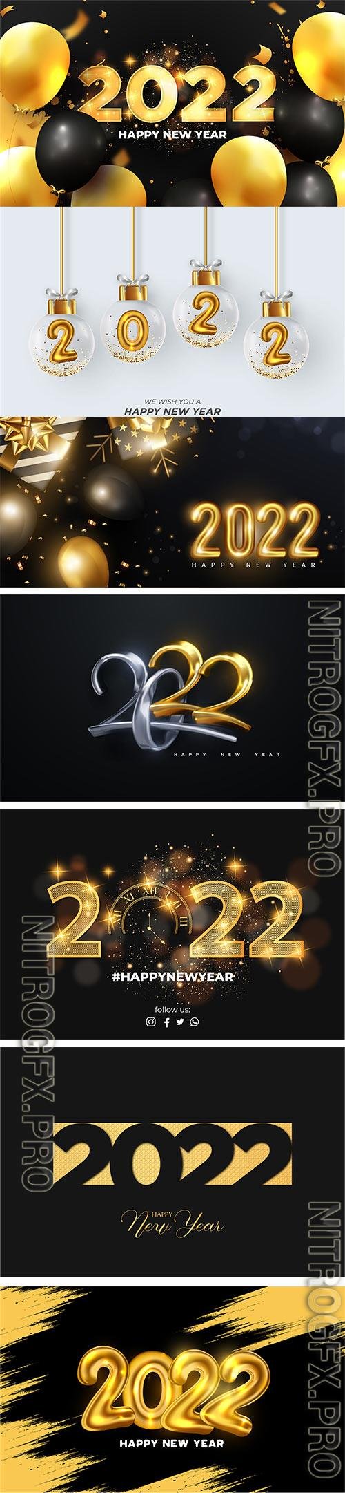2022 number made by sparkle lights with golden swirl ribbons on black background for happy new year concept