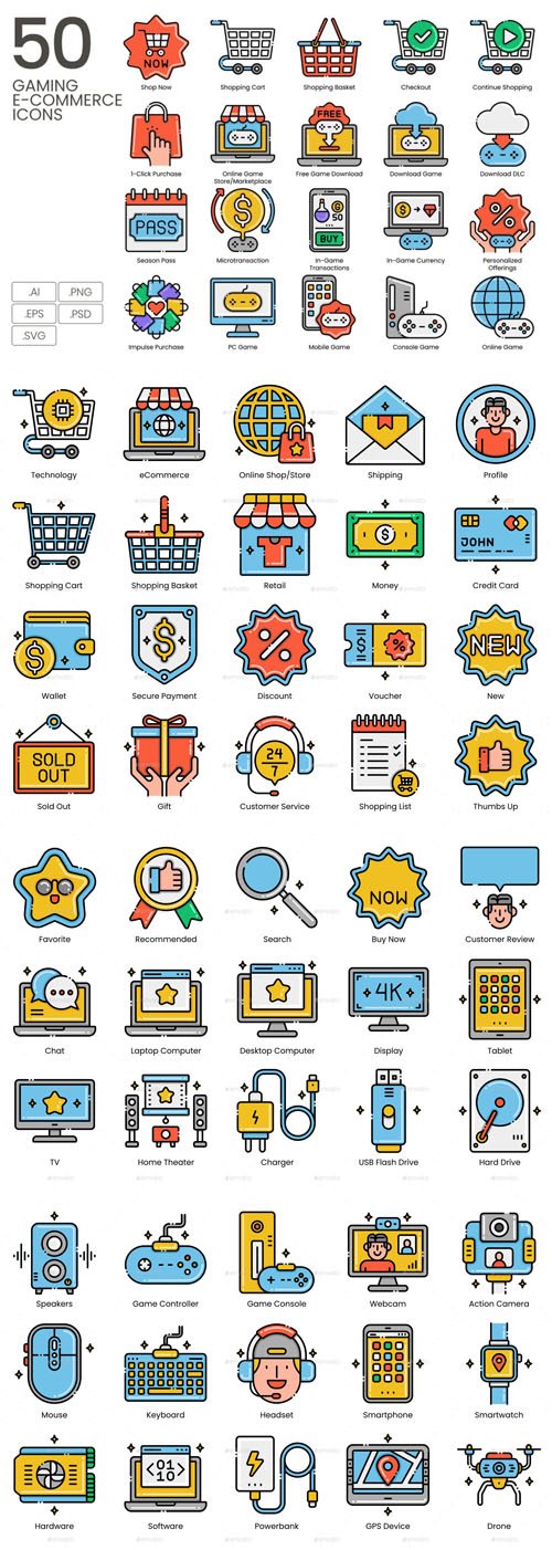 50 Gaming & Technology E-commerce Icons in Vector