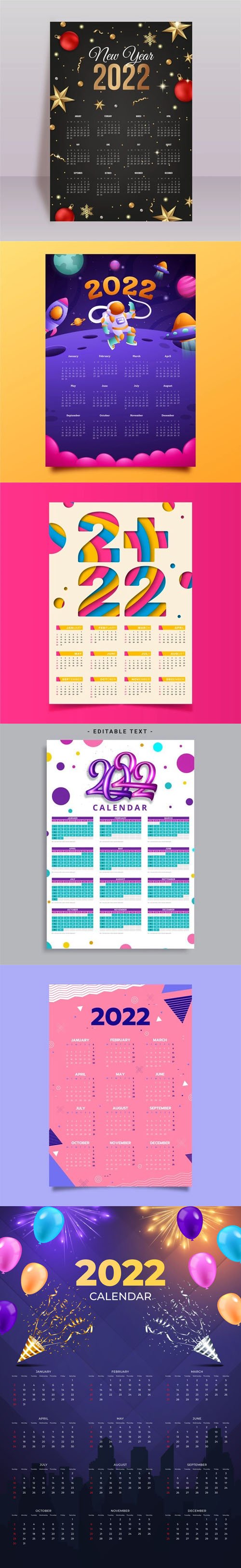6 Realistic New Year 2022 Calendars Vector Templates