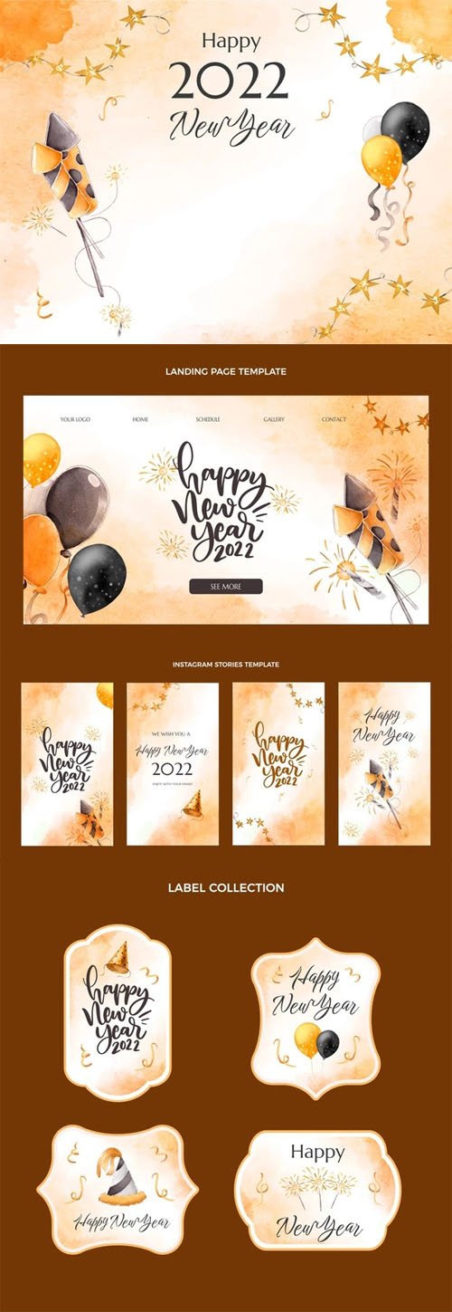 Realistic Watercolor Happy New Year 2022 Vector Templates Collection