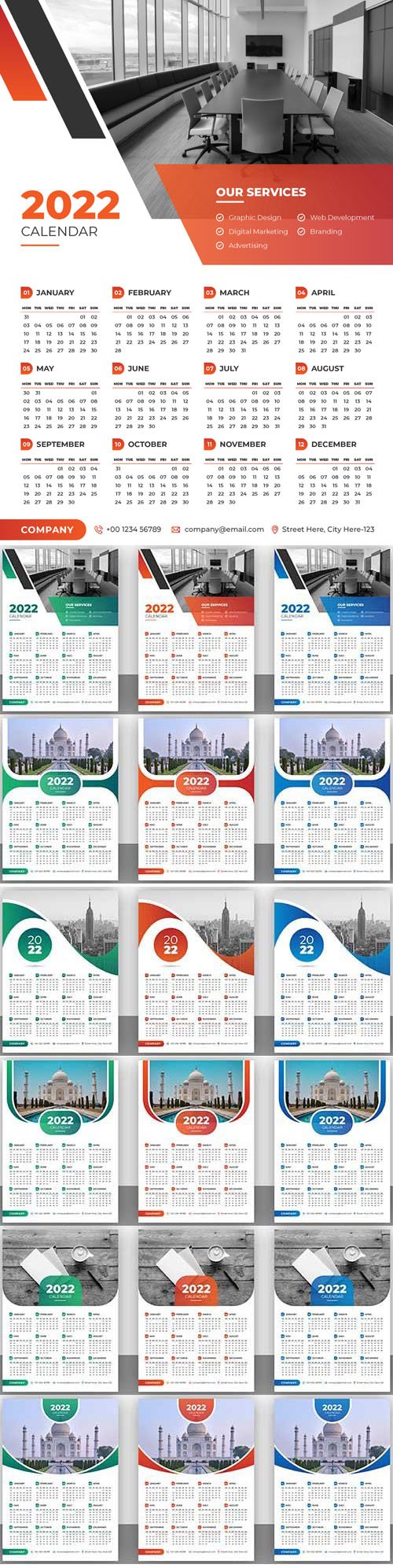 Realistic 2022 Calendars - 6 Vector Templates In 3 Colors Each