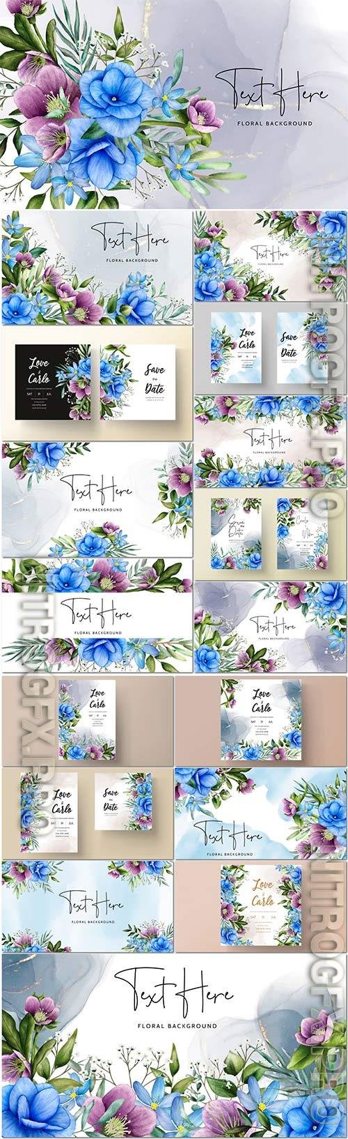 Watercolor floral and leaves wedding invitation card template vector