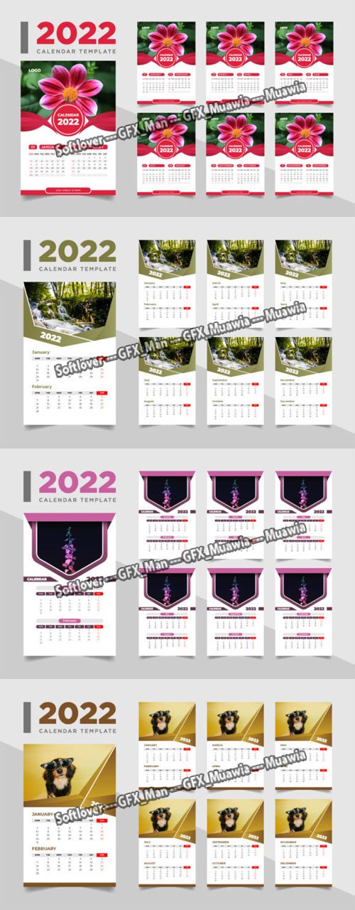 Creative 2022 Wall Calendars [12 Months] - 4 Vector Templates