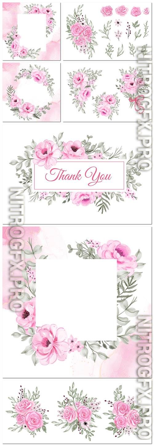 Rose pink watercolor floral arrangement and bouquet collection