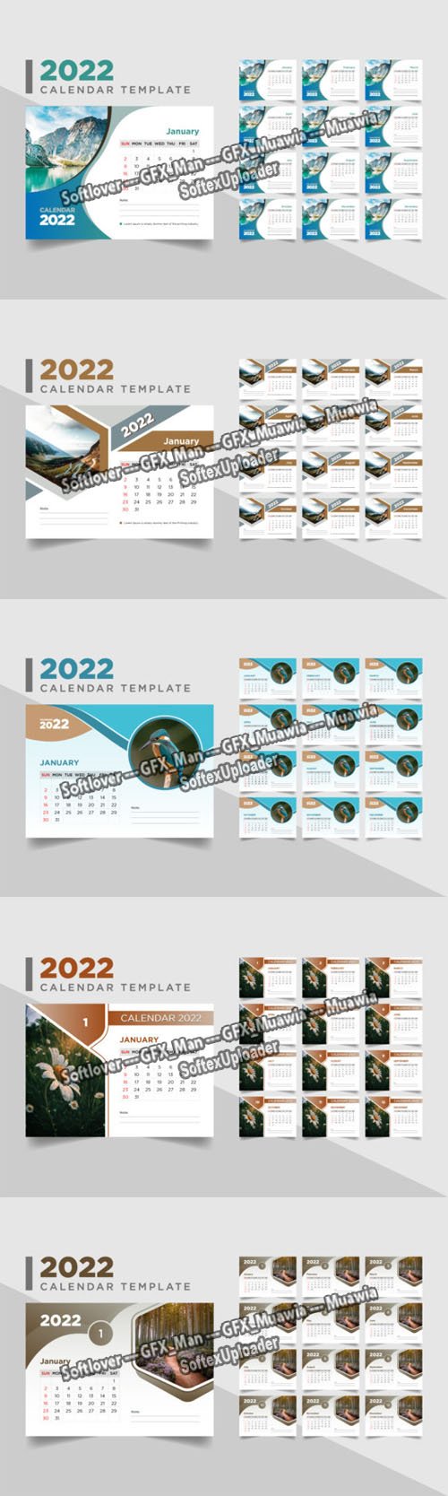 5 Desk Calendars for 2022 Vector Templates Collection [12-Months]