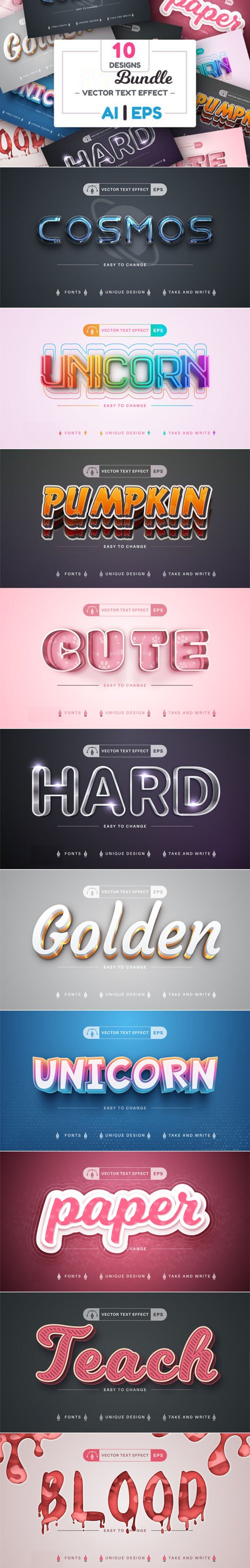 10 Editable Vector Text Effects Bundle for Illustrator
