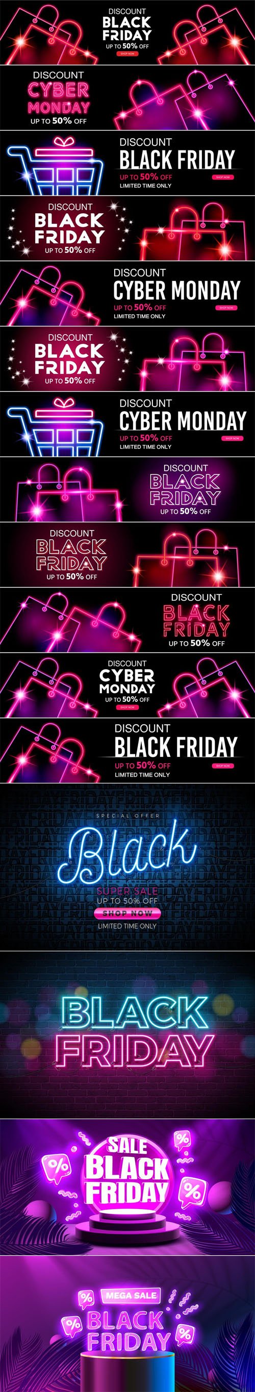 Black Friday & Cyber Monday - 16 Neon Banners Vector Templates