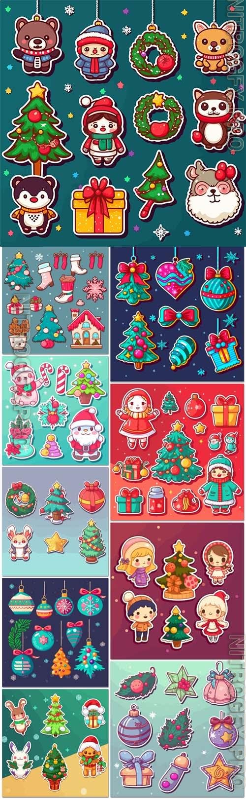 Sticker set xmas, attribute ornament, sticker collection new year holidays