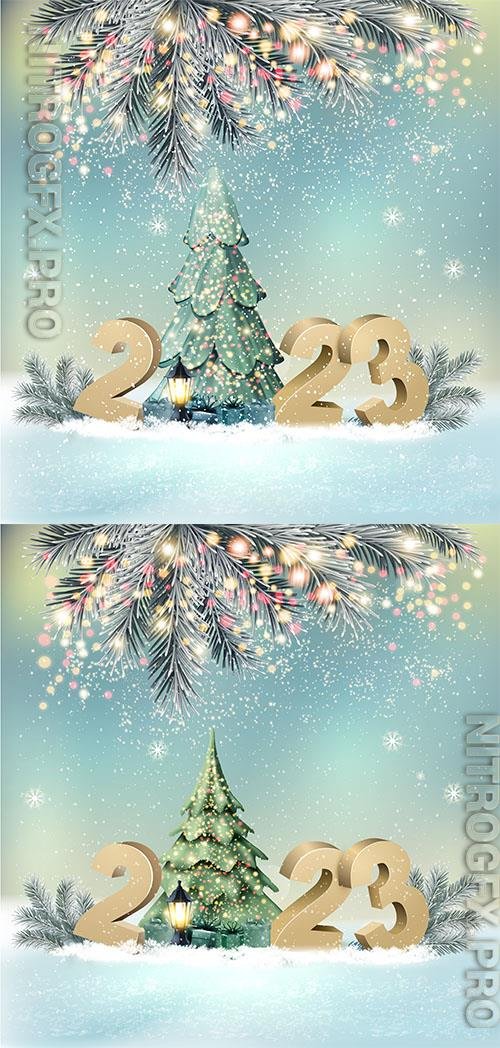 Holiday background with 2023 and christmas tree
