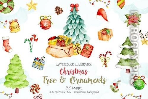 Watercolor Christmas Tree and Ornaments