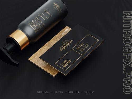 PSD floating business cards mockup scene with cosmetic bottle perspective view