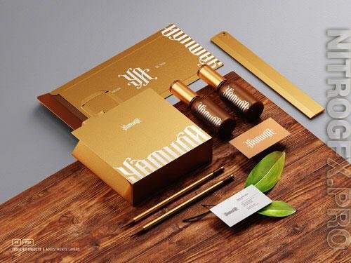 PSD cosmetic stationery set branding mockup with paper bag bottles envelope and business cards vol 2