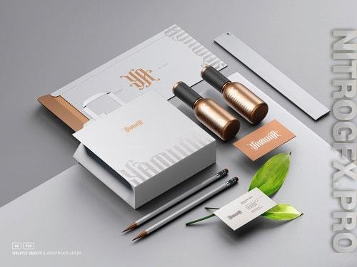 Cosmetic stationery set branding mockup with paper bag bottles envelope and business cards