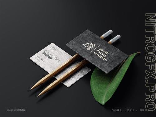 PSD business card mockup scene with wood texture