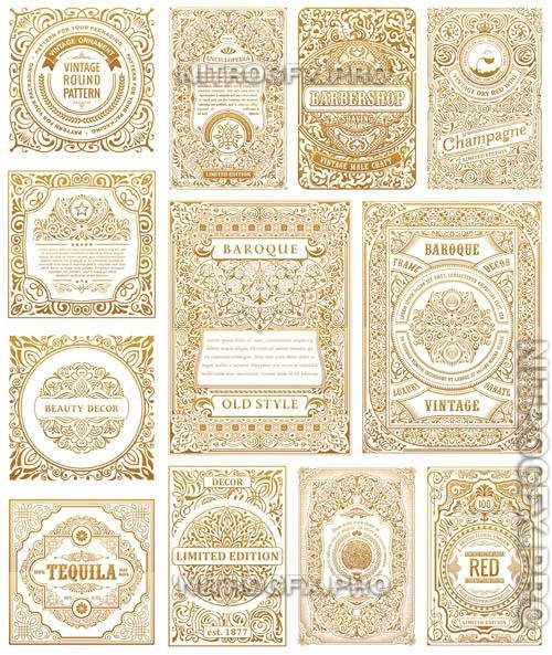 Vector vintage golden set cards calligraphic frames design labels