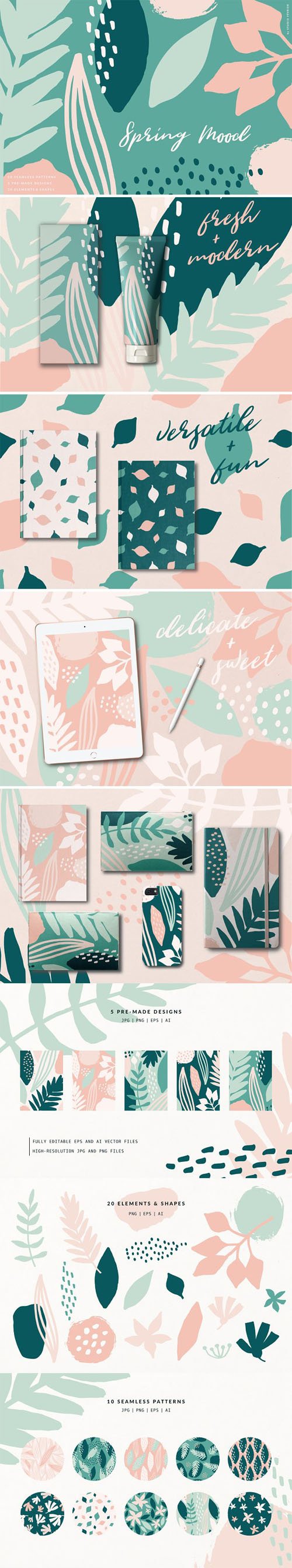 Spring Mood - Vector Patterns +Elements Collection