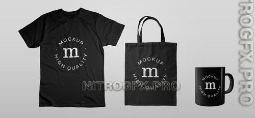 PSD Pack Of Black Tshirt Tote Bag And Mug Mockup