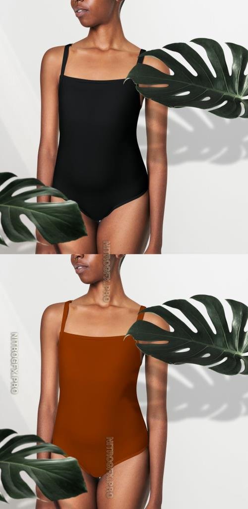 AdobeStock - Black Woman in Black Swimsuit Mockup - 447310421