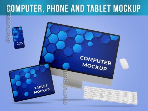 AdobeStock - Flying Computer, phone and tablet Mockup - 548319872