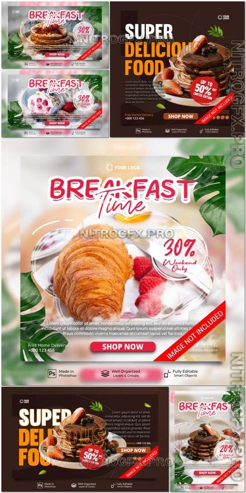 PSD breakfast time sweet cake fruit menu restaurant promotion social media post website banner template