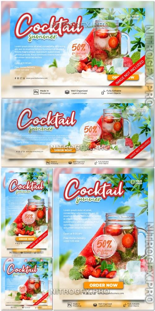 PSD fresh cocktails summer new drink menu restaurant social media post website banner template